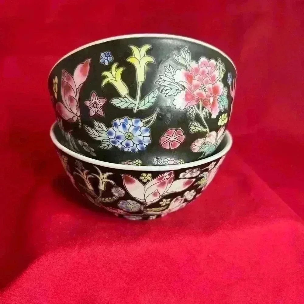 2-porcelain black Famille Noir  small bowls - Picture 1 of 5